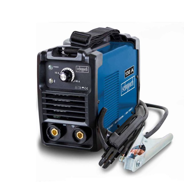 Scheppach welder with 130 A power, featuring a dial for current adjustment and two connectors. Includes electrode and cable holder.