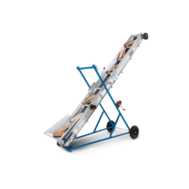 Scheppach-Förderband mit blauen und grauen Elementen. Das Band transportiert Holzstücke.