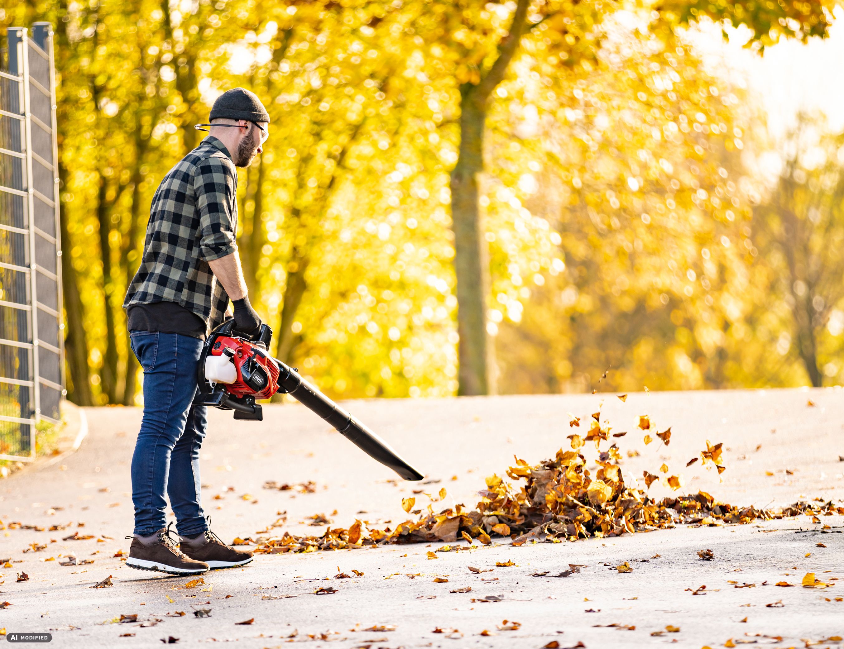 Mann mit Laubbläsemaschine, die Laub auf dem Boden sammelt, im Herbstumfeld