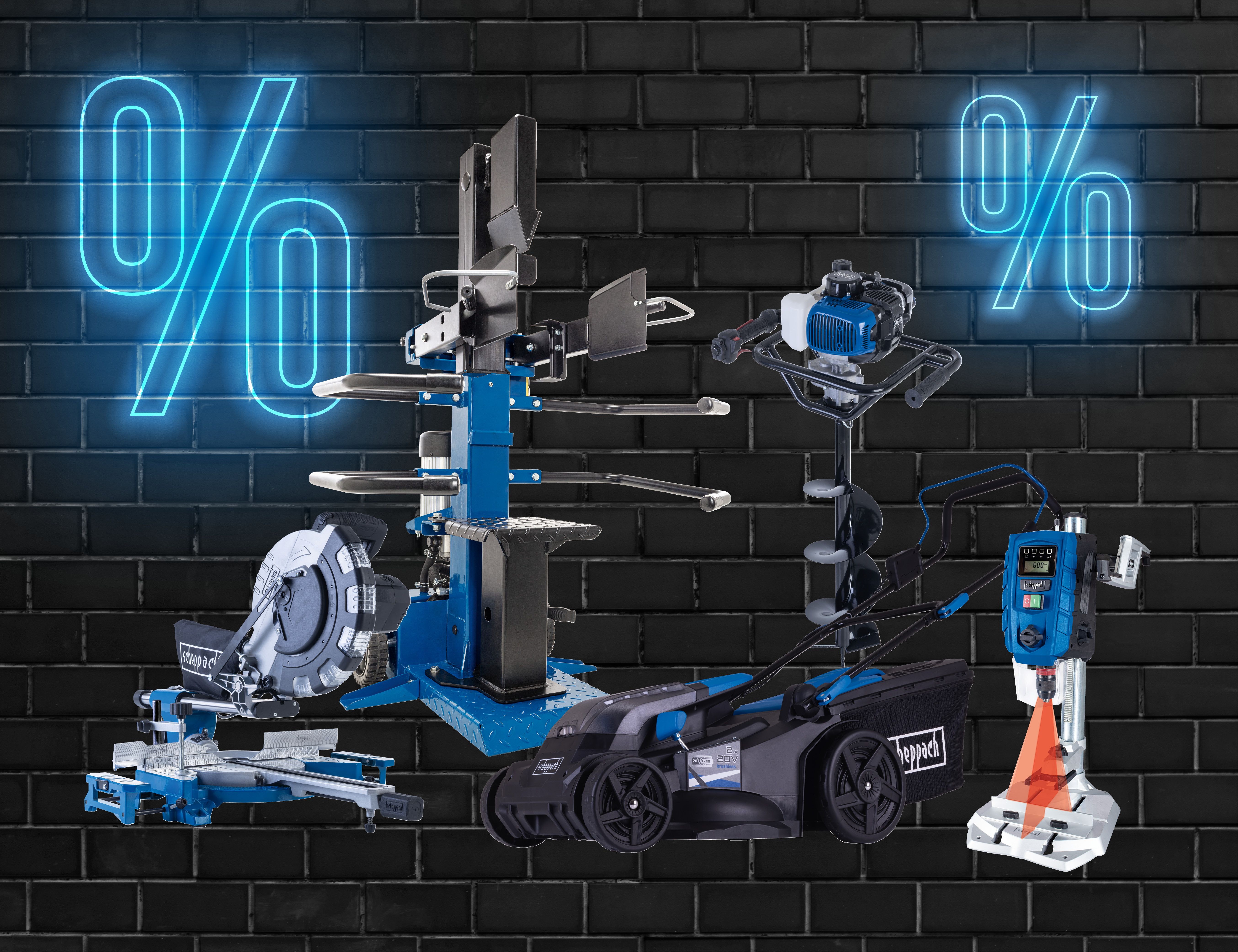 Mobiler Scheppach-Werkzeugkasten mit verschiedenen Werkzeugen und Maschinen