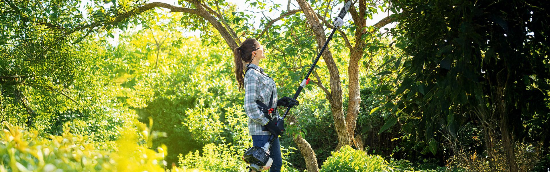 A person stands in a garden holding a Scheppach hedge trimmer. Surrounding them are green bushes and trees. It is a sunny day.