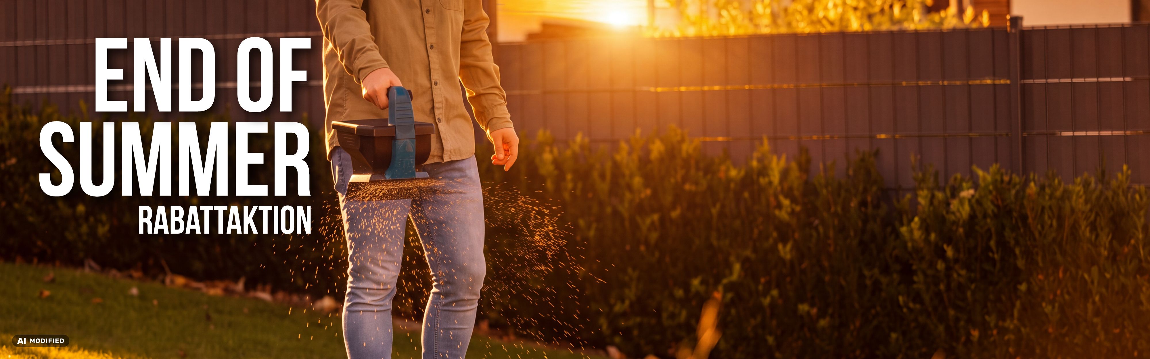 Person beim Ende des Sommers mit Gartenwerkzeug im Garten bei Sonnenuntergang