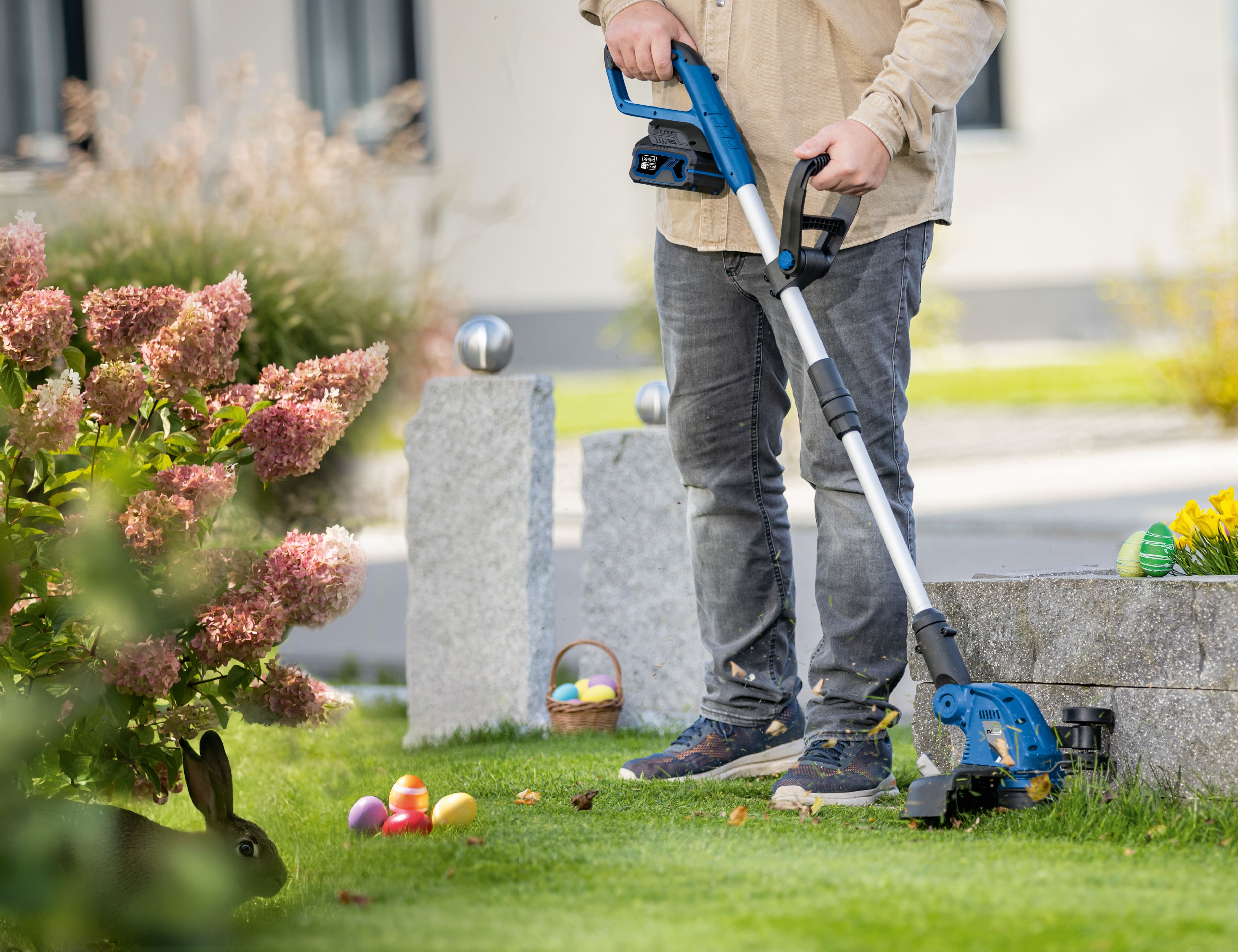 Person beim Pflegen eines Gartens mit Scheppach-Gräsernetzgerät, Eier und Blumen im Vordergrund