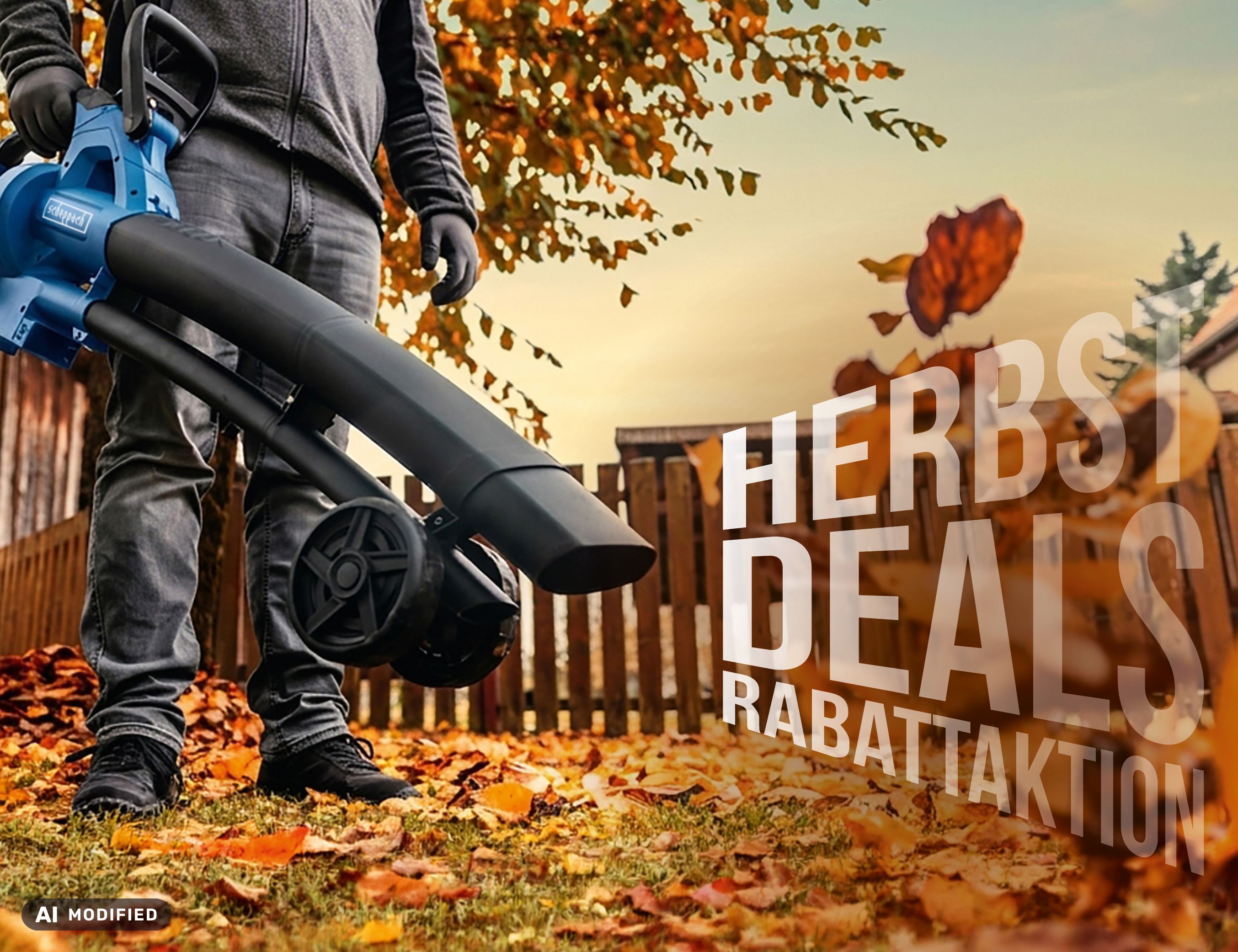 Person beim Herbstlaubsammeln mit Scheppach-Gartengerät
